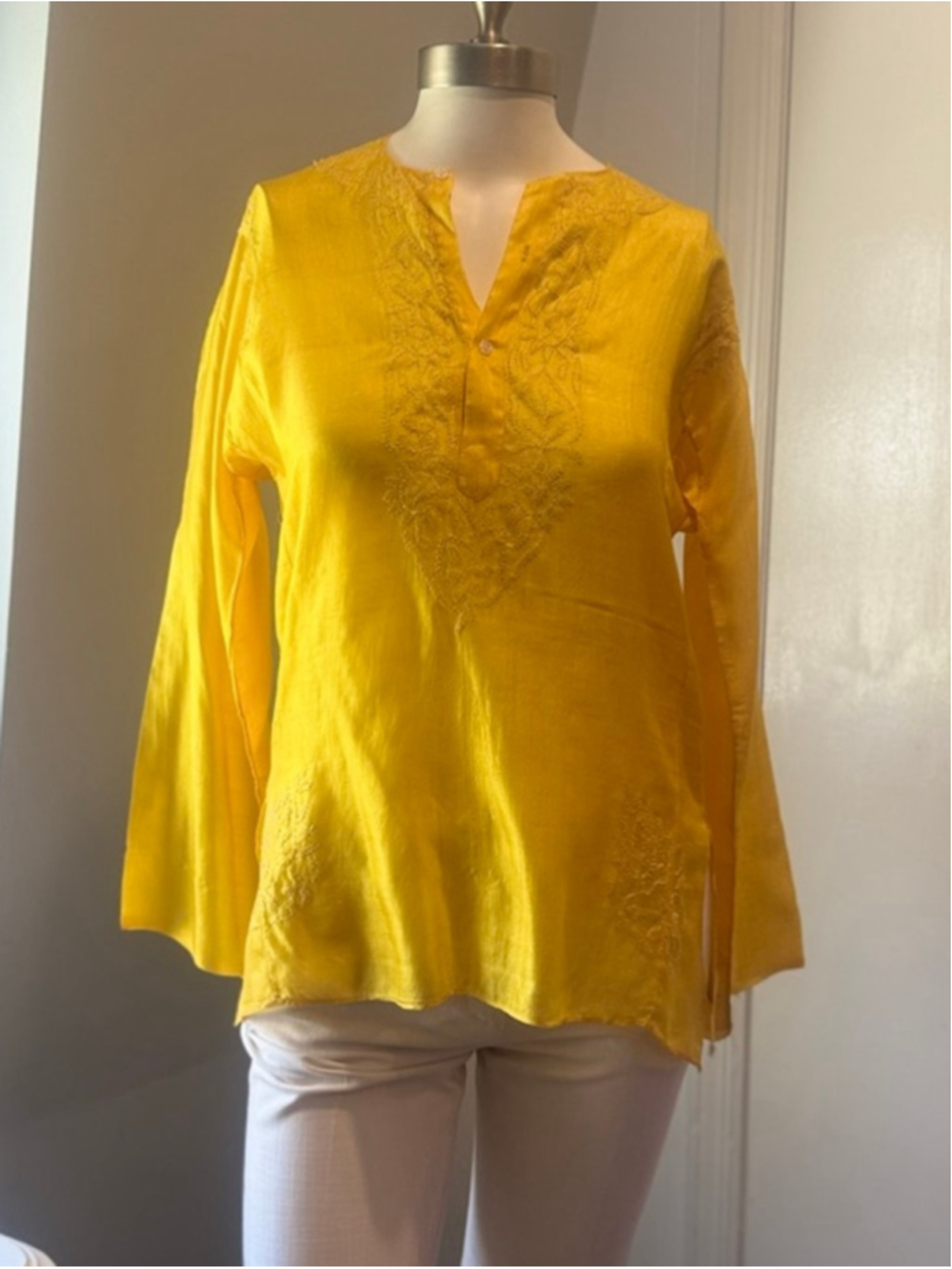 Vintage Handwoven Silk Embroidered Blouse Yellow Boho Tunic Top India